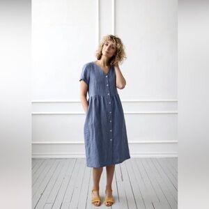 Offon button down blue linen dress